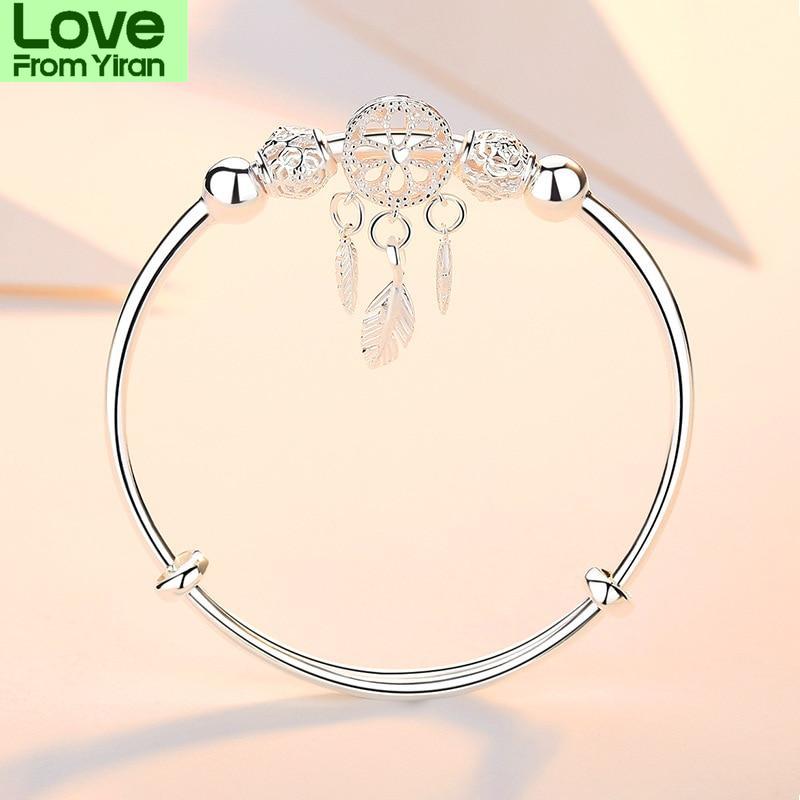 Регулируемый браслет-подвеска «Ловец снов» из стерлингового серебра 925 пробы с кисточками и перьями, круглый браслет для женщин, элегантные ювелирные изделия Sl209