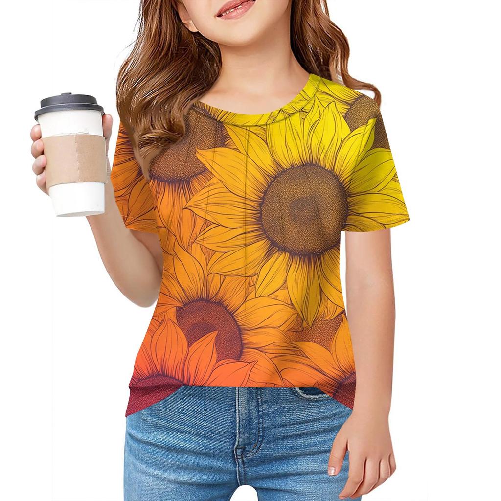 Детская футболка Fold A для девочек, летняя модная куртка с круглым воротником и цветочным принтом с короткими рукавами