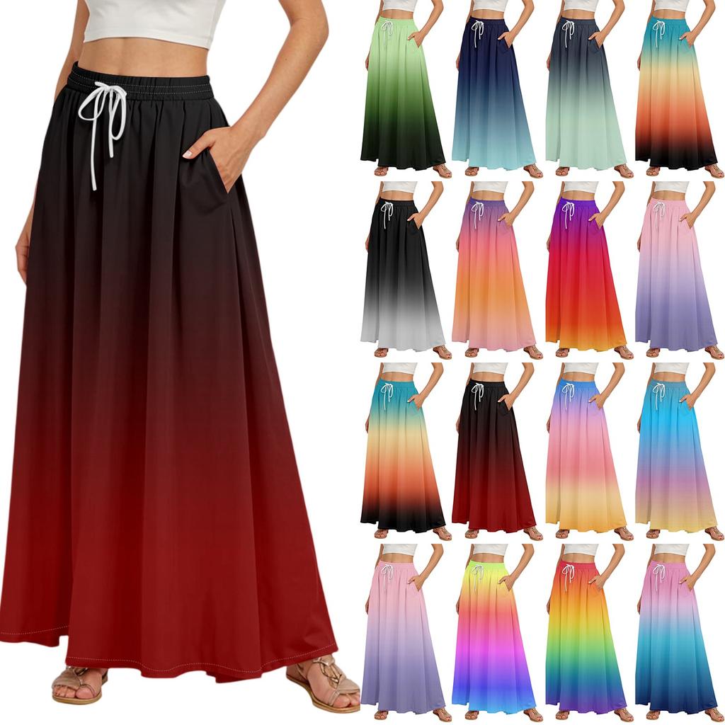 Women's Flowy Flared Ruffle Hem A Line Maxi Skirts Elastic Waist Elegant Tiered Layer Boho Long Skirts
