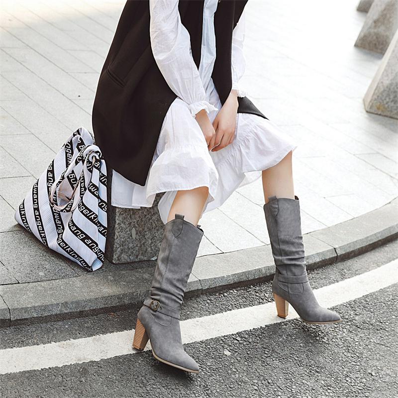 Модные плиссированные женские сапоги, модные сапоги до колена, осенне-зимние серо-бежевые туфли на каблуках, длинные, женские, большого размера 45