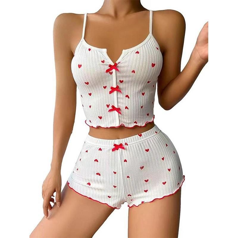 Hot-selling new European and American fashion heart-shaped eyelash printing pit strip sexy pajamas set women's pajamas