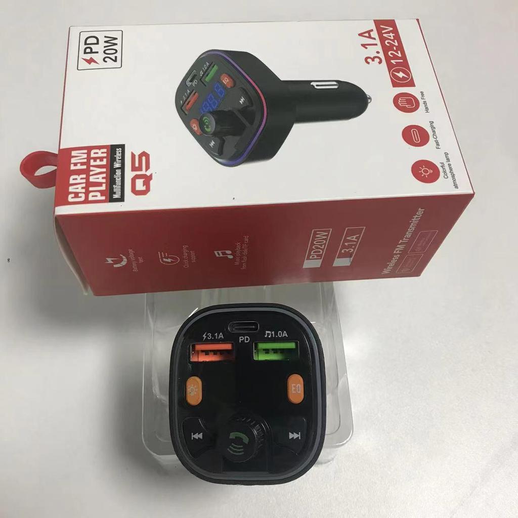 Q5 Car Bluetooth Charger with Dual Ports, FM Modulation, Blue Ambient Light, MP3 Player, and Fast Charging