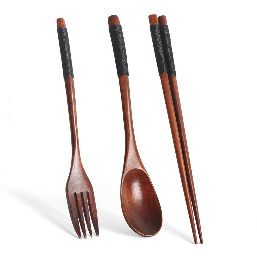 3 PCS Set Wooden Spoons Forks Chopsticks with Tangled Threads of Long Handled Solid Wood Adult Portable Spoons Forks Tableware
