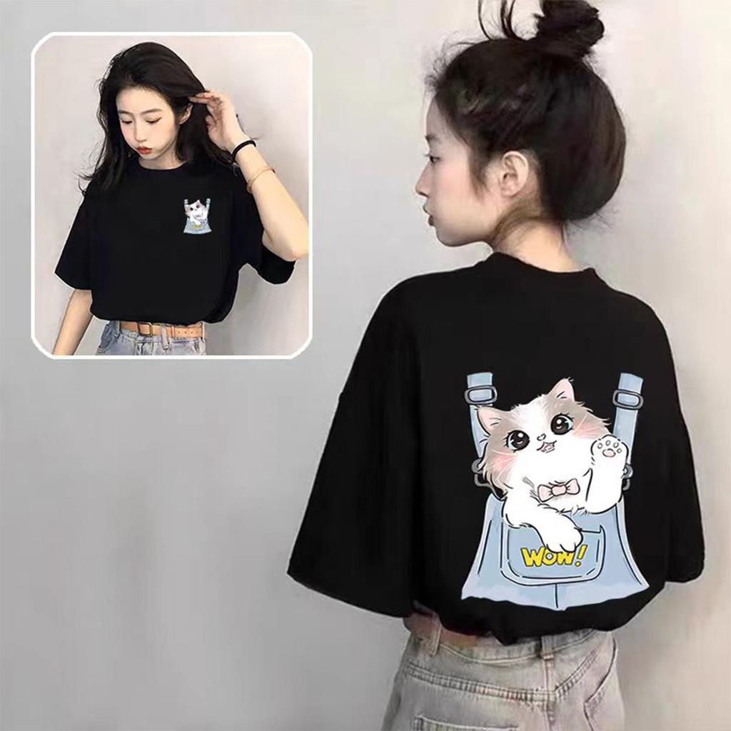 Loose casual daily versatile cartoon pattern shoulder strap with cat print short sleeved T-shirt