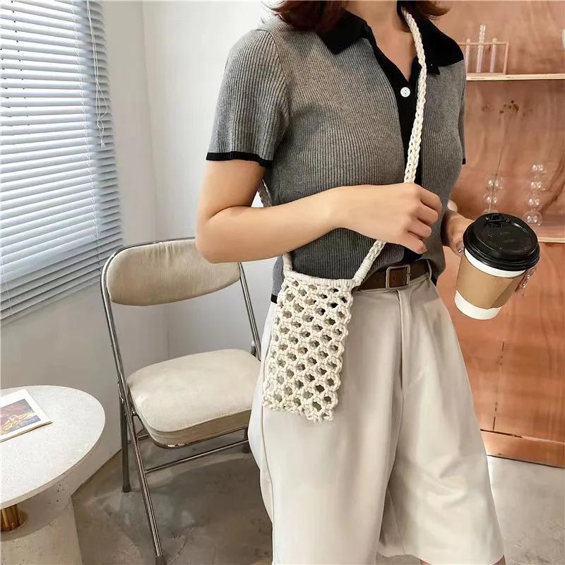 Женская модная маленькая сумка через плечо для телефона, однотонная плетеная крючком легкая плетеная сумка на плечо, пляжная сумка
