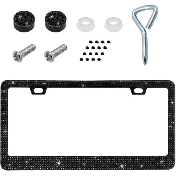 Car License Plate Frame, Sparkling Stainless Steel Auto License Plate Frame With Rhinestones, Bling Diamond License Plate Holder, Universal Exterior