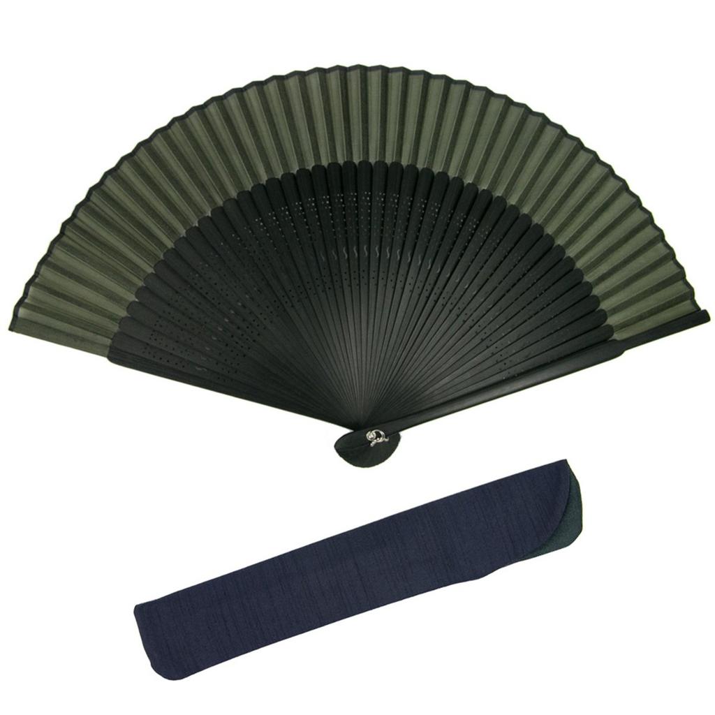 KYOETSU Set of Pure Silk Fans with Black Ribs and Fan Ribs Men's 2-Piece (Fan Bag) (Black 4)