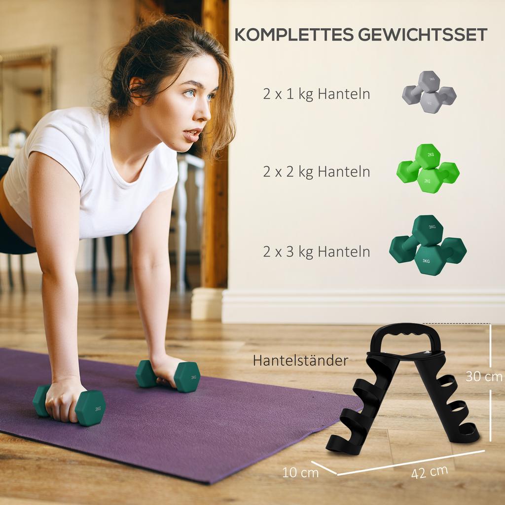 Dumbbells Set with Storage Rack, 2 x 1kg, 2 x 2kg, 2 x 3kg, Grey