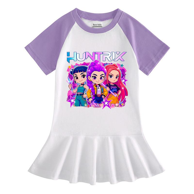 Girls Kpop Rumi Mira Zoey Hunters Print Raglan Ruffle Pleat Dress