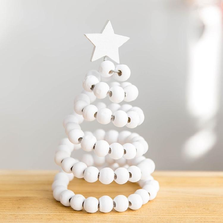 Miniature Christmas Tree Figurine Wood Beaded Festival Tree for Dining Table Living Room Office Desk Holiday Decoration