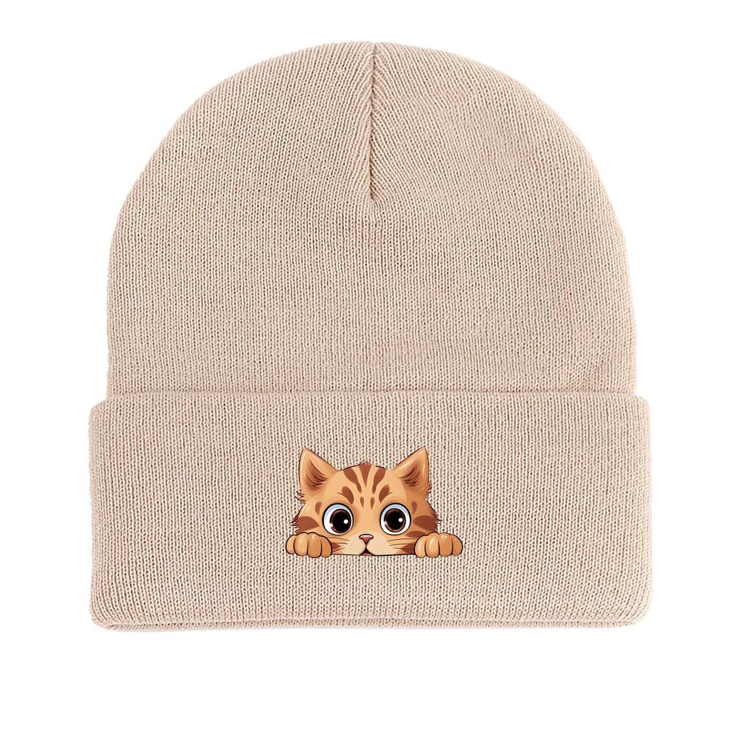 Cartoon Ginger Cat Winter Knit Cap Beanie, Animal Woman Cap Versatile Candy Color Sporting Pompom Beanies Knitted Hat Beanie