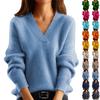 Women's Fashion V-Neck Solid Colour Knit Bottom Shirt Long Sleeve Pullover Top Sweater