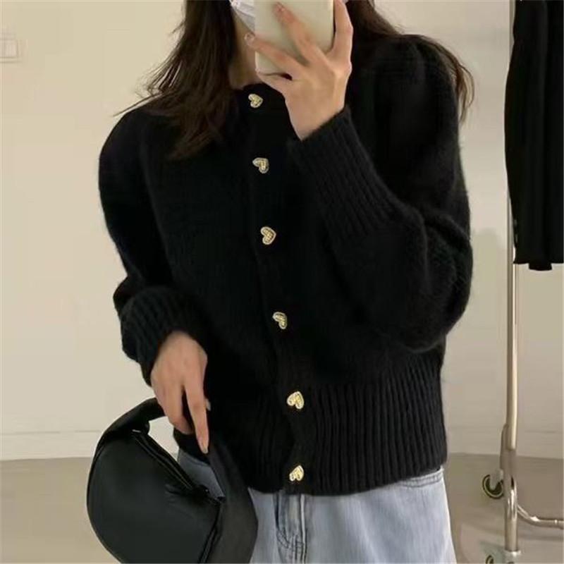 Осенний кардиган нежной вязки для женщин с пуговицами в виде сердечек, короткий, свободный, с длинными рукавами, куртка-свитер, модный, универсальный, на каждый день