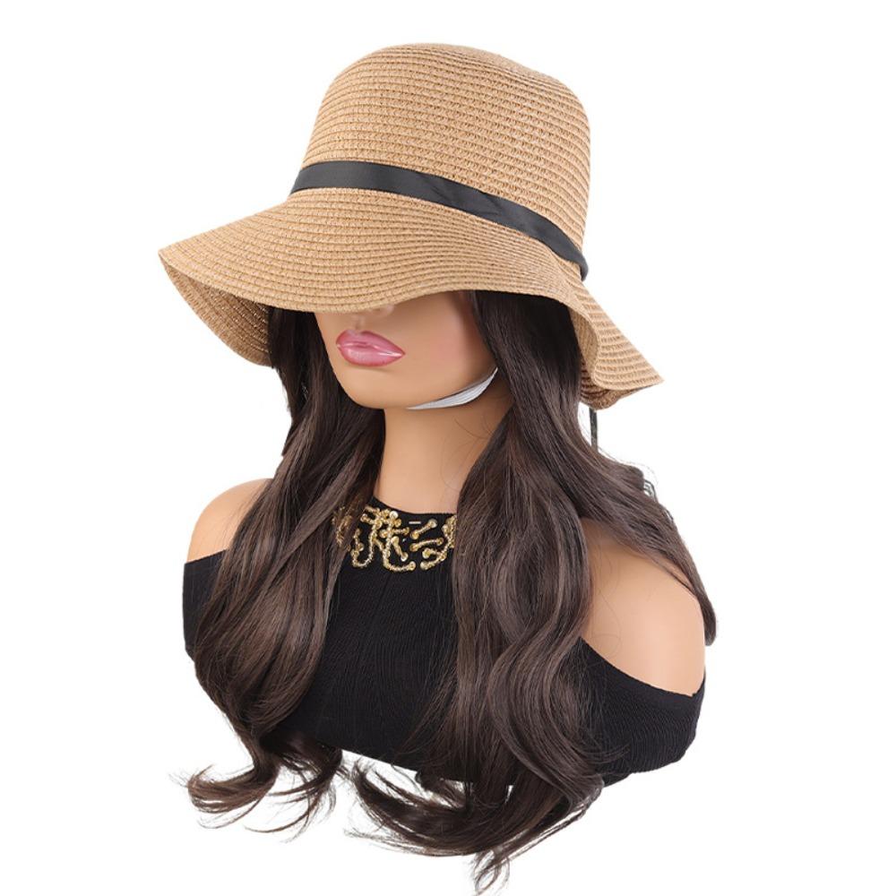 Wide Brim Fisherman Hat with Built-in Wig Sun Protection Long Wavy Curly Hair Vacation Accessory