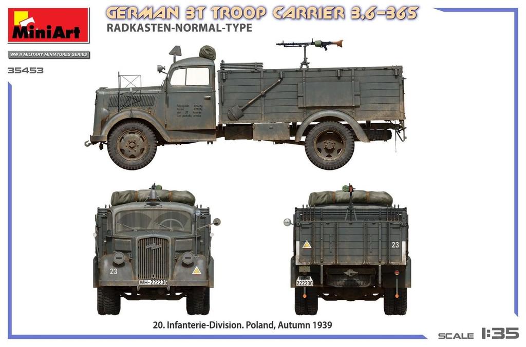 Miniart Масштаб Немецкий troop carrier Стандартное крыло Тип Пластиковая модель MA35453 1/35 3-тонный 3,6-36S (Военная техника)