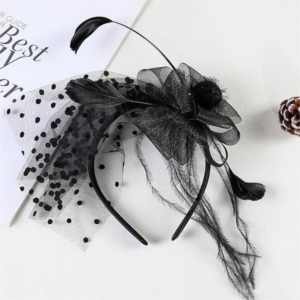 Day of The Dead Party Headband Wedding Headwear Halloween Lace Flower Long Feather Headband  Party