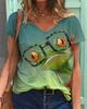 Fashion Spring  Frog Print Blouses Short Sleeved V-Neck T Shirts Casual