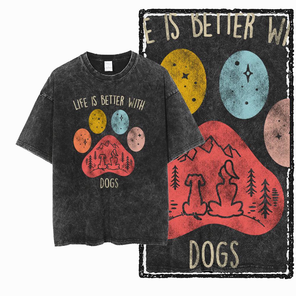Big Size Dog Graphic Unique Washed Distressed Cotton Unisexs Retro Streetwear TShirt G