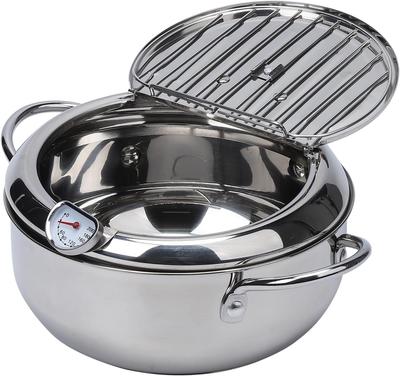 Pot Tempura Frying Pan 304 Stainless Steel Flat Bottom Stove Top Japanese Style Cookware W/Lid & Temperature Control