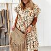 Short Sleeve Summer Dress Women Boho Floral Printed Sundress Beach Holiday Midi Dresses