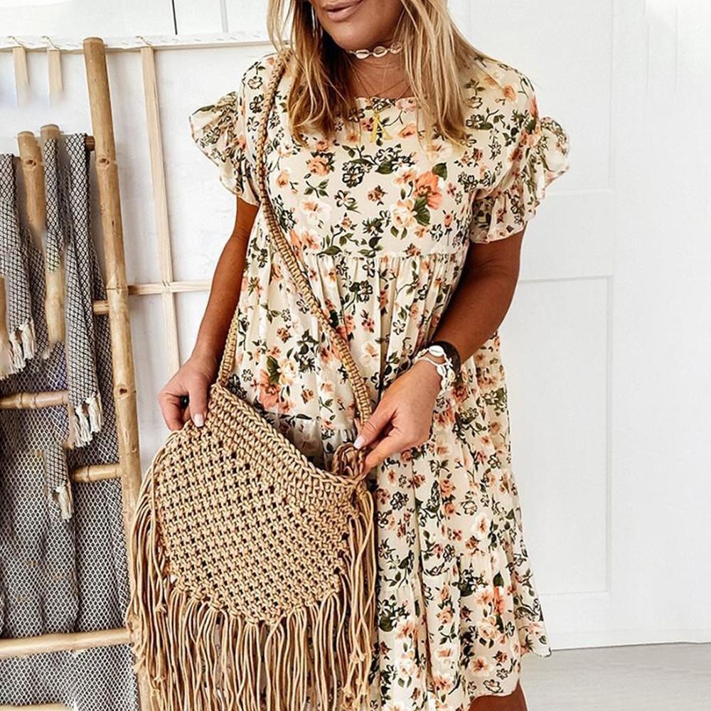 Short Sleeve Summer Dress Women Boho Floral Printed Sundress Beach Holiday Midi Dresses