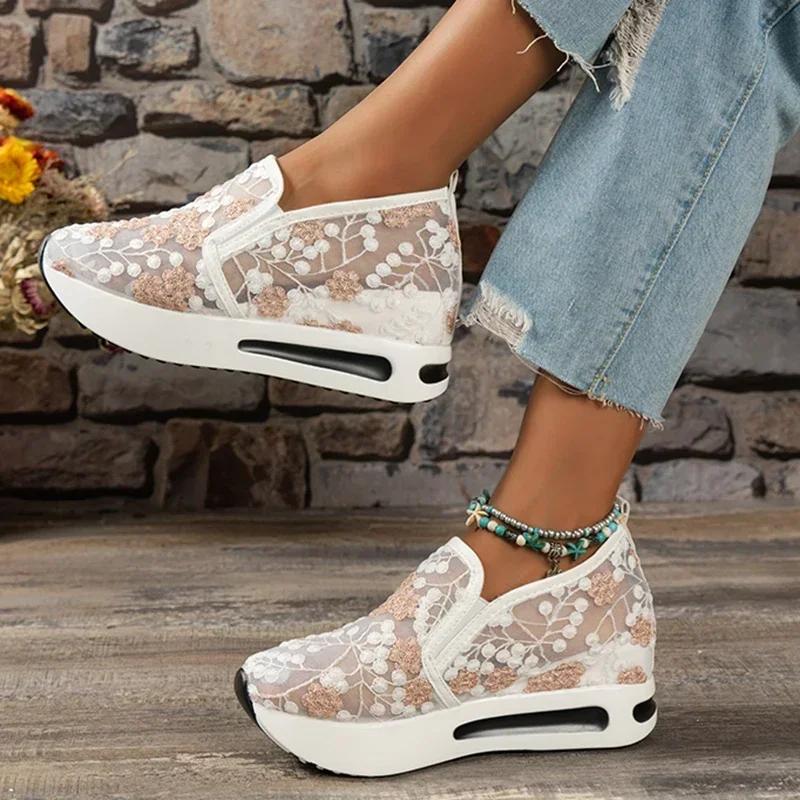 Fashion Fashion Embroidery Loafers Shoes for Women Summer Breathable Mesh Platform Sneakers Woman Comfortable Slip On Casual Shoes35-42