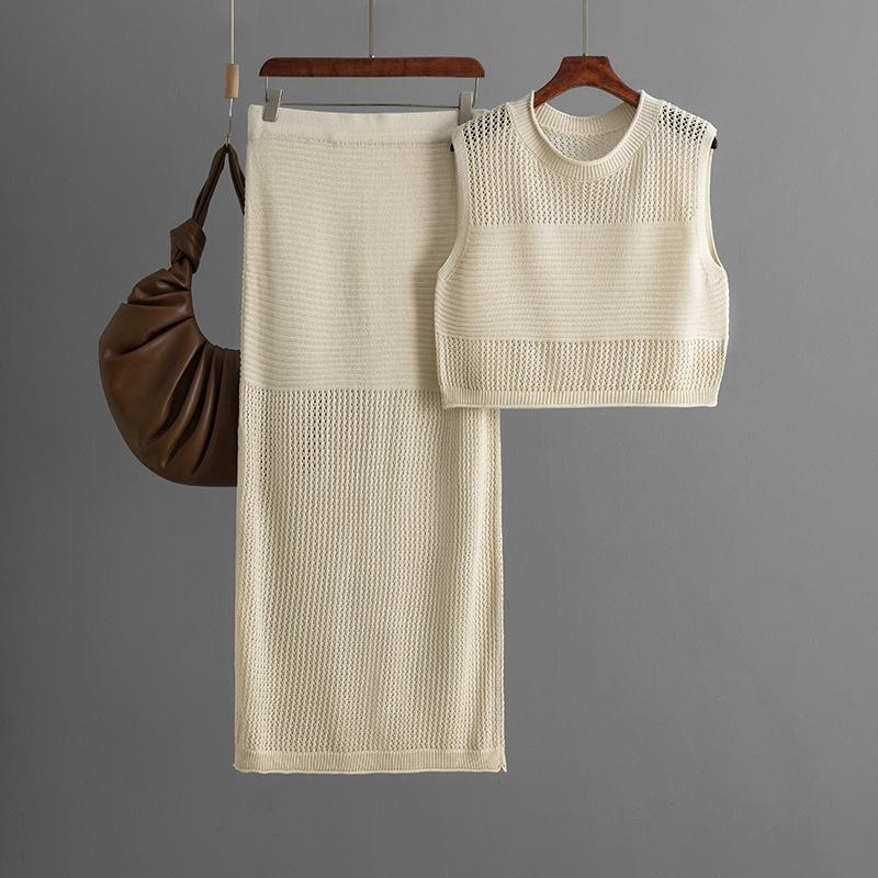 Slim-fit Hollow Sleeveless Vest Set, Summer New Knitted Slit Skirt Two-piece Set