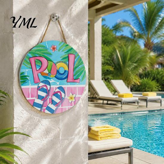 Natural Hemp Rope Sign Summer Pool Wooden Hanging Sign, Weather Resistant Solid Wood Plaque with Beach House Decoration for Outdoor Party And Swimming