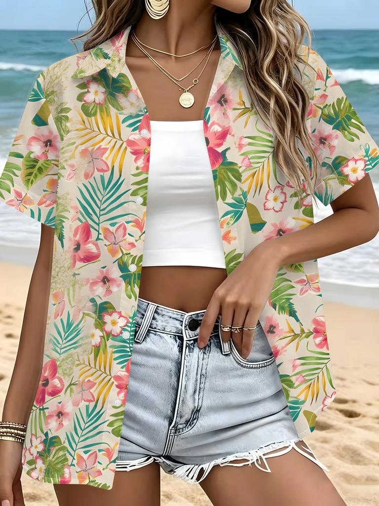 Women'S Short Sleeve Shirt Tropical Floral Print Pattern Casual Fashion Hawaiian Vacation Style Top