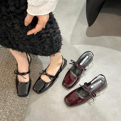 Летние женские черные красные туфли-лодочки с квадратным носком, туфли на низком каблуке для женщин, балетки, удобные женские сандалии с бантом