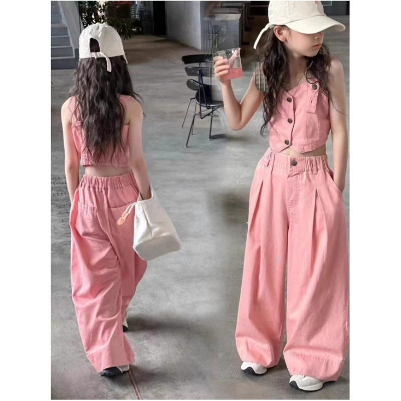 Girls Summer Solid Color Personality Denim Suit Middle and Large Children Single-breasted Short Suspenders + Straight Pants Casual Two-piece Set