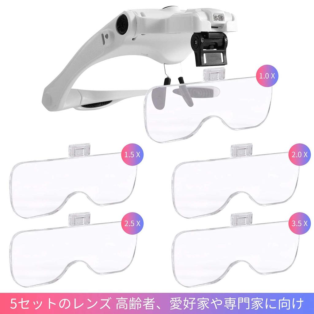LEDGLE Head USB with LED 5 Lenses Magnifying Glass with Elastic Perfect for Jewelry and Precision Work Magnifier, Eyeglasses-Style Magnifier,