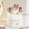 Makeup Brush Box With Drawer 360° Rotating Makeup Organizer Holder Skincare Cotton Pads Lipstick Storage Case for Vanity Table