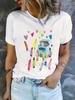 Women's Cartoon Crayon Print T-Shirt  Casual Crew Neck Short Sleeve Top  Simple Design Casual Top Harajuku Minimalist Style