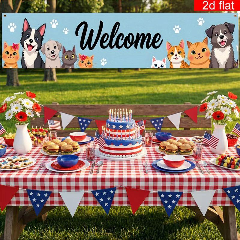 Welcome Pet Cat & Dog Banner, Outdoor Yard Sign for Garden Fence Dog Home