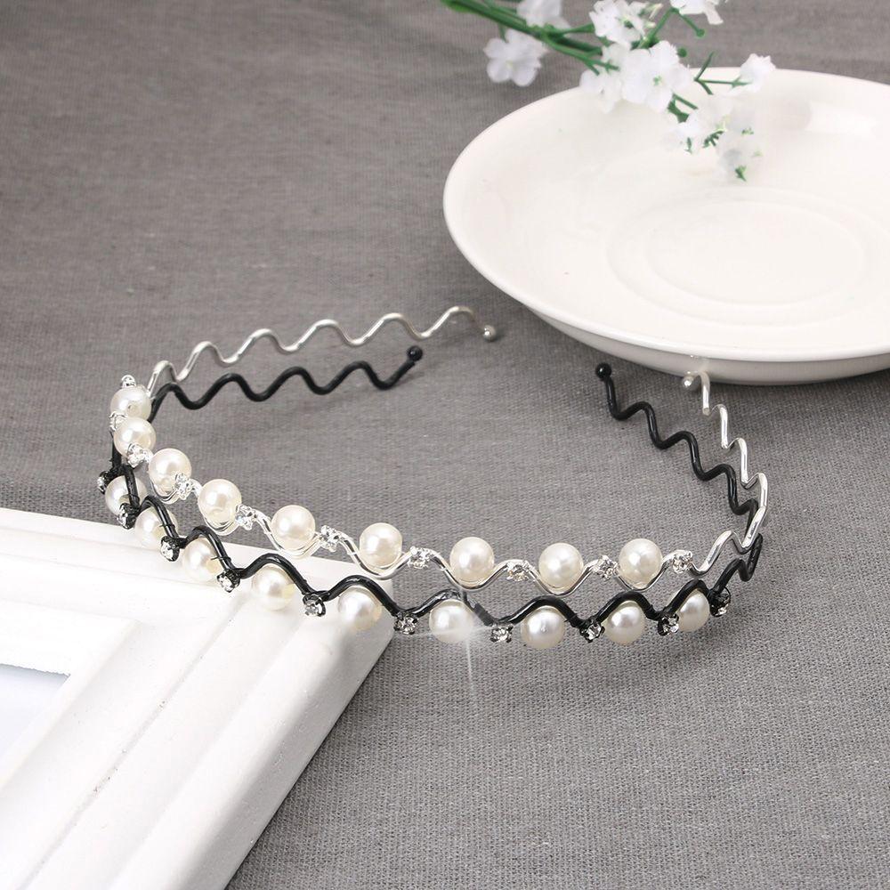 Rhinestone Wedding Jewelry for Women Headwear Black Silver Metal Pearl Crystal Wave Hairband