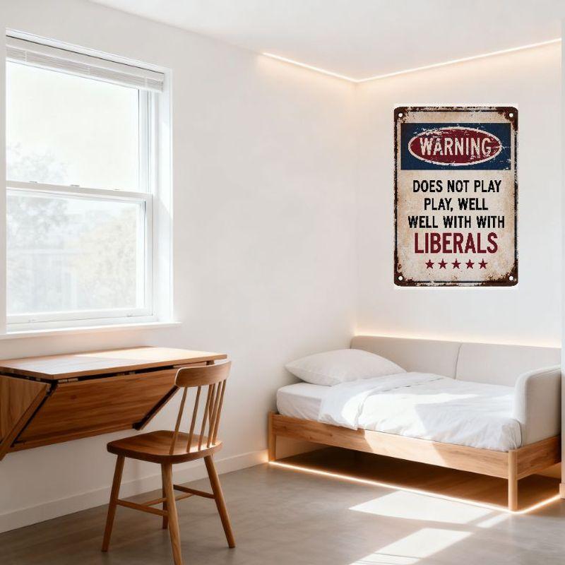 Vintage Rusty Metal Warning Sign, Distressed 'WARNING DOES NOT PLAY WELL WITH LIBERALS' Retro Sign with Red Stars & Bolts, Antiq
