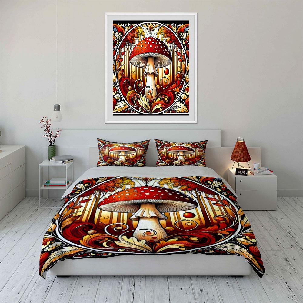 Vintage Fly Agaric Mushroom Bedding Set,Art Nouveau Autumn Forest Print Duvet Cover + 2 Pillowcases,Whimsical Retro Pattern