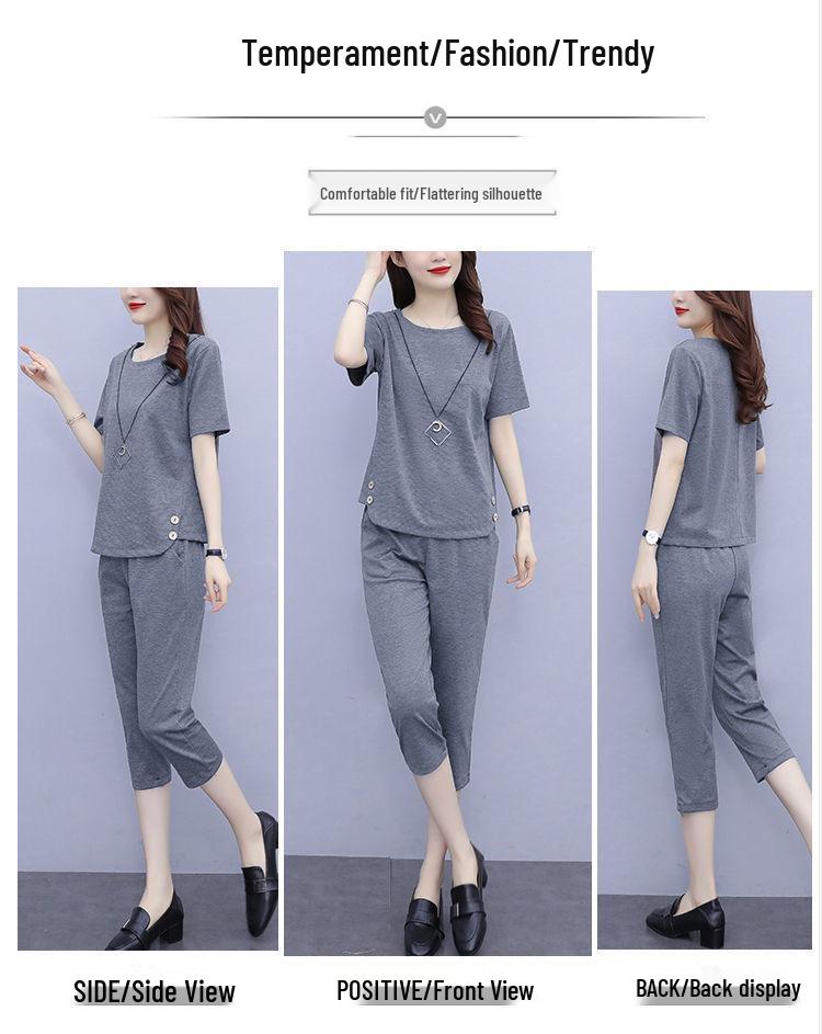 Модный женский летний костюм-двойка больших размеров: Футболка с коротким рукавом и укороченные брюки