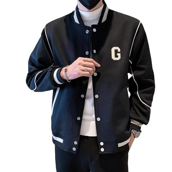 Men Baseball Coat Long Sleeve Single-Breasted Jacket with Letters Print Baseball Collar Outdoor Sports Outerwear