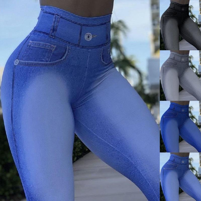 Леггинсы с высокой талией для женщин, джинсы из искусственного денима, эластичные брюки-карандаш, тонкие спортивные леггинсы для йоги