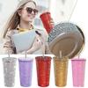 Insulated Straw Tumbler Stainless Steel Rhinestone Cup 24 Hour Hot Cold Water Coffee Drinkware For Office Travel Gym Accessories