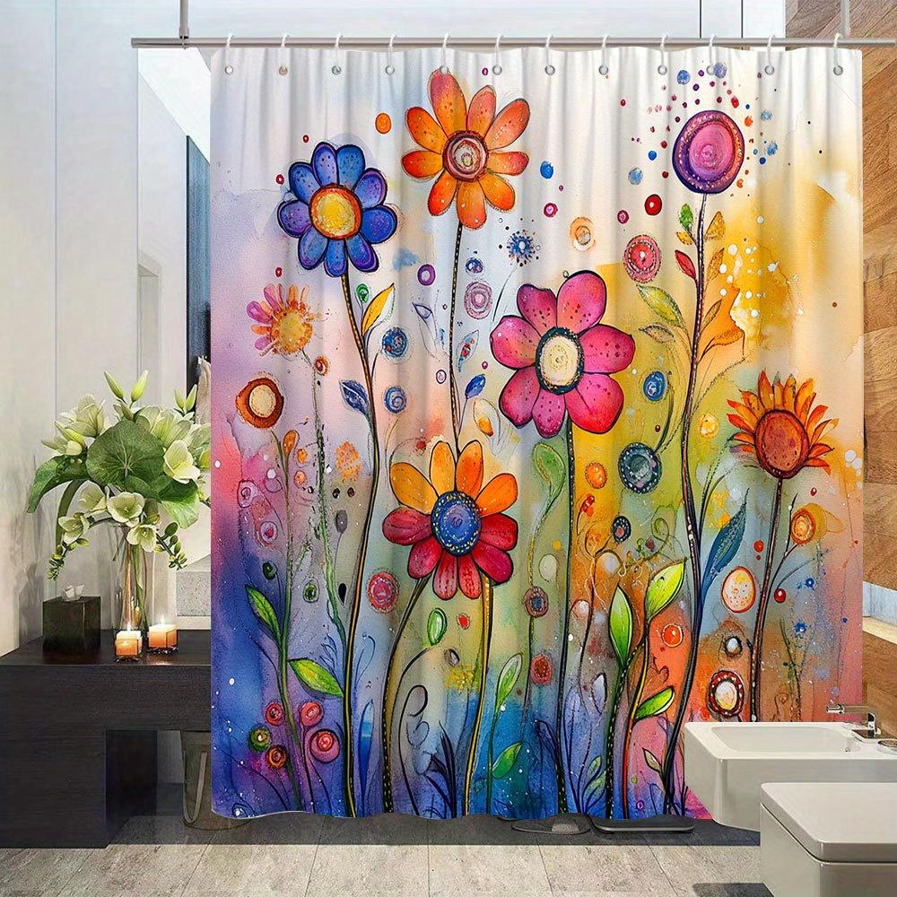 Floral Pattern Shower Curtain - Colorful Creative Design, Polyester Bathroom Decor,  12 Hooks