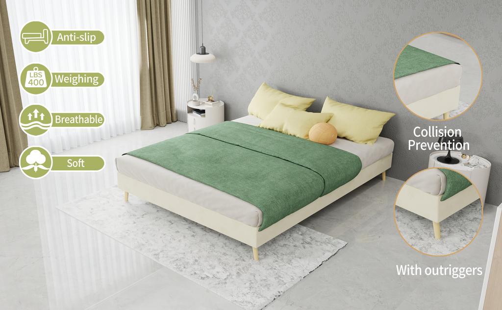 Modern Minimalist Bed Frame, 140x200 cm, Beige, Dutch Velvet Fabric, Low-Profile Base. Excludes Gas Lift Mechanism, Headboard, and Mattress.