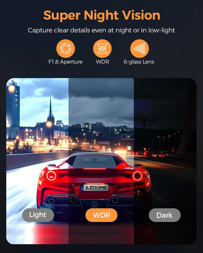 AZDOME WiFi Dash Cam M17 Pro с 2 камерами, 2K+1080P спереди и сзади, 3-дюймовым IPS-экраном, ADAS, бесплатной картой памяти на 64 ГБ