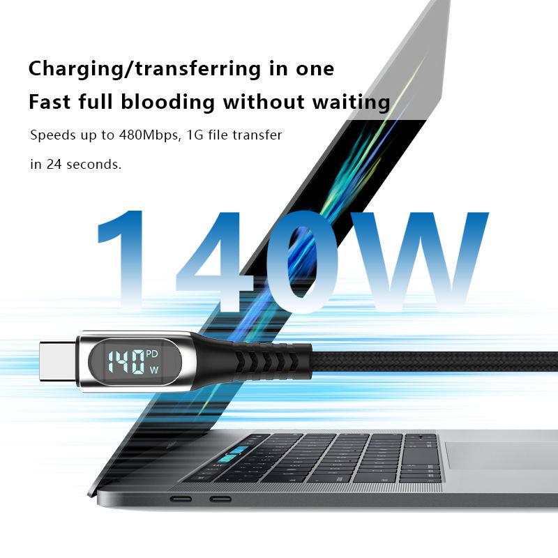 Type C Cable LED Power Display PD 60W 140W 5A Fast Charging Cable for Mobile Phone Data Transmission 480Mbps