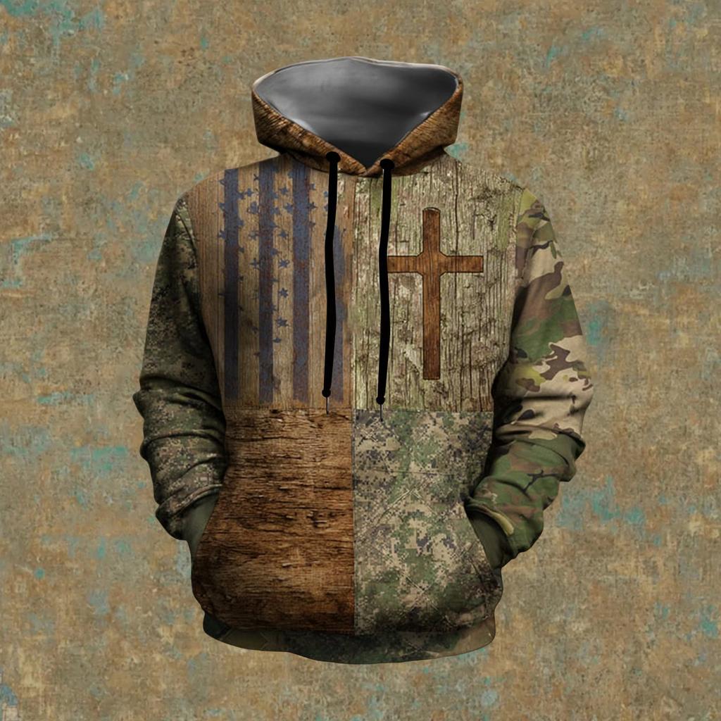 Мужское винтажное повседневное худи с крестом и американским флагом, патриотическая футболка