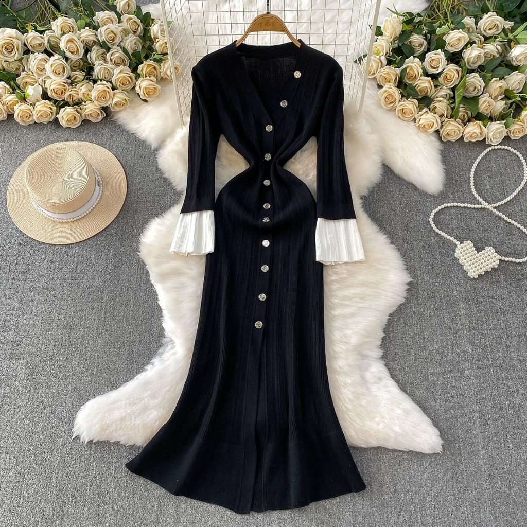 Autumn Winter Women V-neck Full Sleeve Knitted Pullover Sweater Party Long Maxi Mermaid Dresses