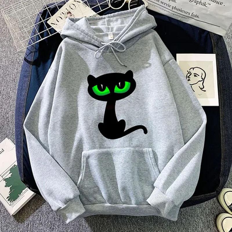 Женские модные толстовки, повседневный топ с длинными рукавами и карманами, пуловер, свободная толстовка, весенне-осенние блузки, толстовка с принтом кота