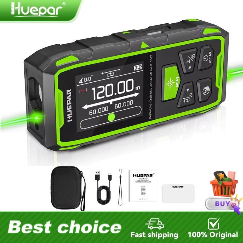 Huepar Dual Laser Rangefinder 120M/200M Green Beam Digital Laser Meter Multiple Unit Measurement Tool With Backlit LCD display
